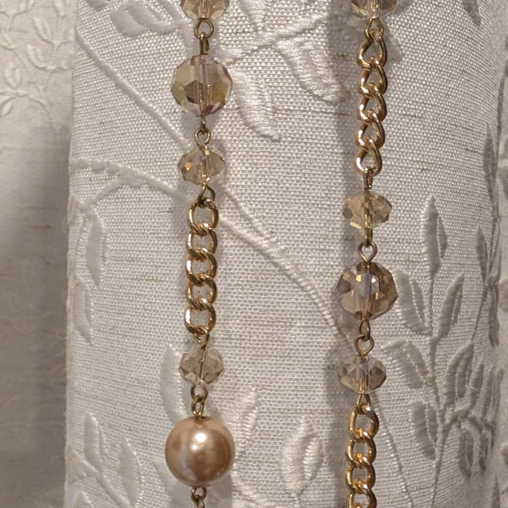57" gold tone chain with faux pearls and crystals